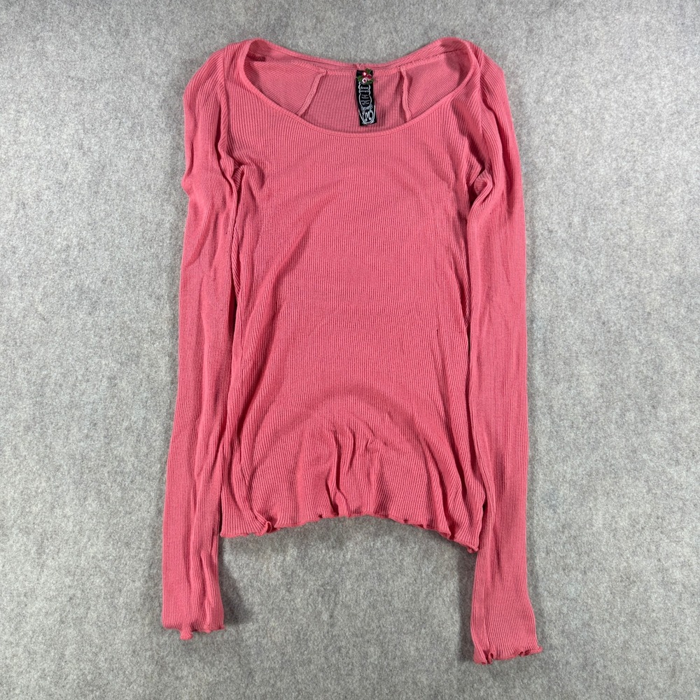 Free People Womens Ribbed Knit Scoop Neck Long Sleeve Top Pink Size Medium